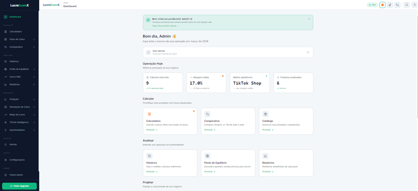 Painel Dashboard completo do LucreEcomX com métricas e gráficos